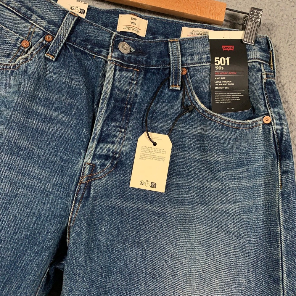 Levis 501 90s Selvedge Jeans Womens 29 Blue Straight Leg Mid Rise Premium Denim - Picture 2 of 15